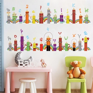 Stickers muraux alphabet crayon avec motifs arc-en-ciel pour la décoration de chambre