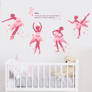 Adesivi murali silhouette ballerina rosa con decorazioni floreali per camera