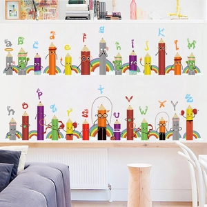 Stickers muraux alphabet 26 lettres crayon dessin animé avec visages pour chambre d'enfant