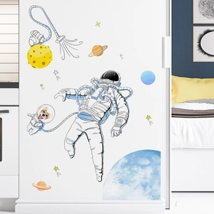 Cartoon space astronaut dog and planets wall stickers for kids room decor