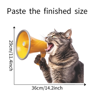 Detailed dimensions showing funny cat with megaphone wall sticker measuring 36cm by 29cm