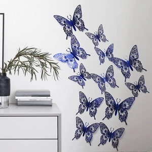 Detailed view of dark blue 3D hollow butterfly wall stickers with intricate cutout patterns