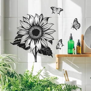 Detailsicht der Sonnenblumen- und Schmetterling-Wandtattoos auf Fliesen mit weichem Schatten