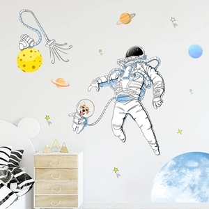 Cartoon astronaut and space dog wall decals for kids room nursery wall decor