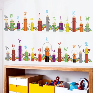 Stickers muraux alphabet avec 26 lettres de crayon dessin animé et arc-en-ciel