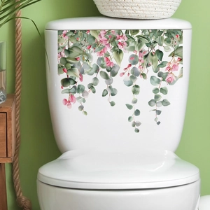 Tropical Eucalyptus Leaves Pink Flowers Toilet Sticker Removable PVC Green Plants Bathroom Wall Decal For Home Decor