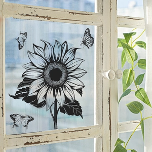 Schwarze Sonnenblumen- und Schmetterlings-Wandtattoos auf antikem Holzfensterglas
