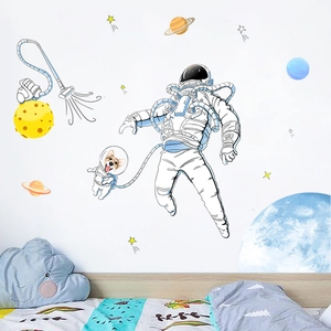Cartoon astronaut dog and planets wall stickers for kids bedroom decoration