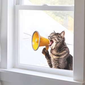 Creative wall sticker of a grey tabby cat with a yellow megaphone for home window decoration