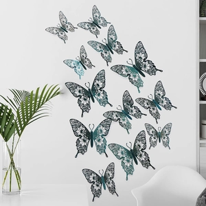 Detailed view of 3D hollow butterfly wall stickers with teal gradient and floral patterns