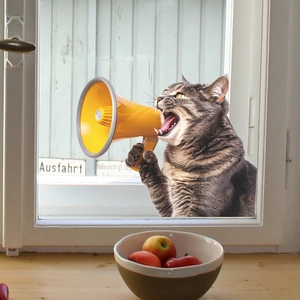 Creative window cat wall sticker with a tabby cat holding a yellow megaphone for home decor