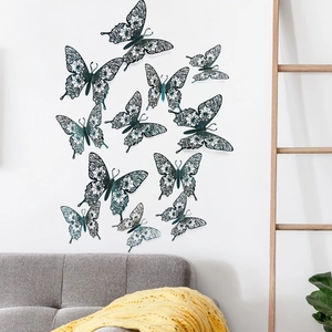 Detailed 3D hollow butterfly wall stickers with teal mandala patterns on white wall decor
