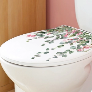 Tropical green leaves and pink floral toilet lid stickers for bathroom decoration