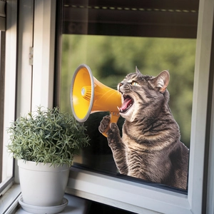 Funny cat with yellow megaphone window sticker for creative home wall decoration