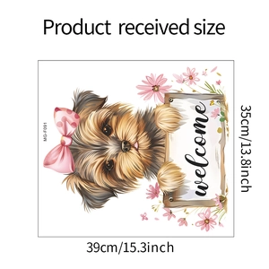 Cute Yorkshire Terrier Welcome wall sticker with pink flowers, size 39x35cm for home decor