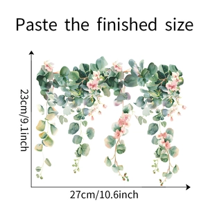 Detail of floral wall sticker with eucalyptus leaves and pink flowers, size 23x27cm