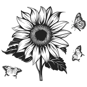 Schwarz-weiße Sonnenblumen Wandsticker mit fliegenden Schmetterlingen zur Wanddekoration