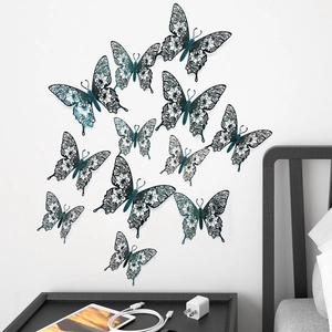Set of 12 detailed 3D hollow butterfly wall stickers with teal gradient for home decor