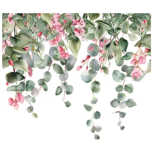 Watercolor tropical green leaves and pink flowers wall sticker for bathroom decor