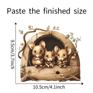 Close-up of mouse hole wall decal showing 10.5x9.5cm dimensions and cartoon mice
