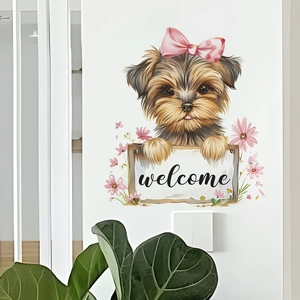 Cute Yorkshire Terrier Dog Welcome Wall Sticker Removable PVC Self Adhesive Floral Bow Home Door Decor Decal