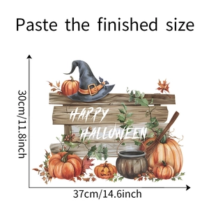 Detailed dimensions of Happy Halloween wall stickers featuring pumpkin and wizard hat