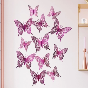 Detailed 3D hollow butterfly wall stickers with purple gradient and 12-piece realistic set