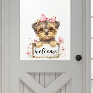 Cute Yorkshire Terrier wall sticker with pink bow and welcome sign for home decor