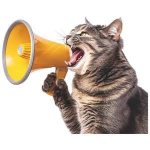 Creative wall sticker featuring a tabby cat meowing into a bright yellow megaphone