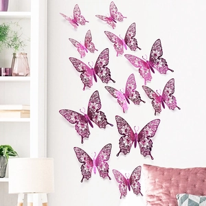 Set of 12 magenta 3D hollow butterfly wall stickers with metallic finish for home decor