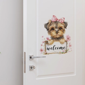 Cute cartoon Yorkshire Terrier with pink bow and welcome sign decorative door wall sticker