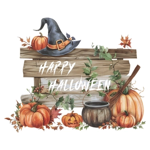 Hand-painted Happy Halloween wall sticker with pumpkin, witch hat and wooden sign