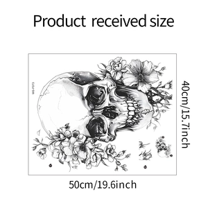 Detailed view of skull and floral wall sticker with product dimensions 50cm x 40cm