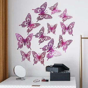 Set of 12 purple 3D hollow butterfly wall stickers with elegant laser cut floral patterns