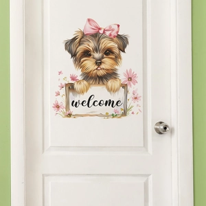 Cute Yorkshire Terrier Welcome wall sticker for home decor with pink bow illustration