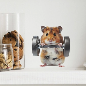Sticker mural autocollant représentant un hamster réaliste soulevant des haltères pour décoration