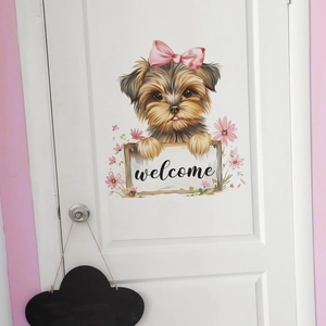 Detailed wall sticker featuring a cute Yorkshire Terrier with a Welcome sign on a white door
