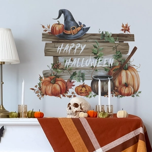 Halloween wall sticker with pumpkins, witch hat, and Happy Halloween wooden sign decor