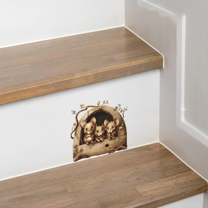 Self-adhesive 3D mouse hole wall sticker for home decor featuring cute mice on stairs
