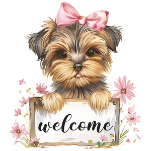 Cute Yorkshire Terrier Welcome wall sticker with pink bow and floral accents for home decor