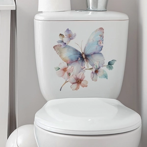 Self-adhesive watercolor blue butterfly and pink flower wall stickers for bathroom decor