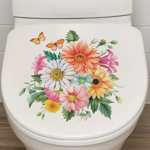 Floral toilet lid decal featuring colorful daisies and butterflies for bathroom decor