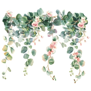 Tropical eucalyptus leaves and pink flower wall stickers for bathroom home decoration