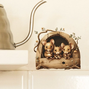 Detailed 3D wall decal showing cute hand-drawn mice in a cozy wooden tree house on white tile
