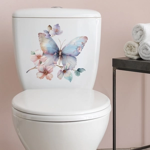 Self-adhesive floral blue butterfly wall sticker for bathroom toilet tank decoration