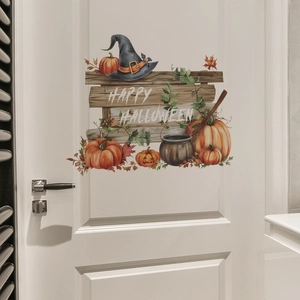 Detail of Happy Halloween wooden sign wall sticker with pumpkins and witch hat on white door