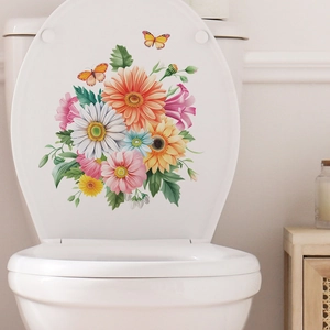 Floral toilet seat decal with colorful daisies and butterflies for bathroom decor