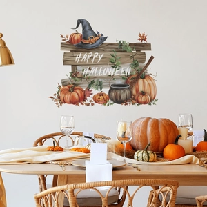 Vintage Happy Halloween wall sticker with pumpkins and wizard hat on a modern dining room wall