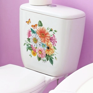 Floral toilet sticker with colorful daisies and butterflies on white surface detail