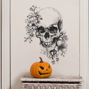 Sketch skull and flower wall decal for Halloween gothic living room home decoration